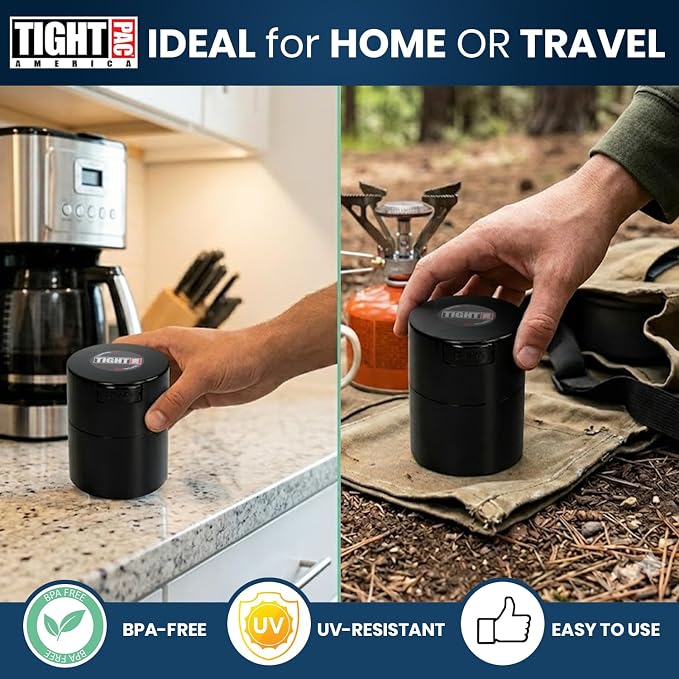 Tightvac 1/2 to 3 Ounces Airtight Herb Storage Container - Patented Vacuum Seal, Storage for Herbs, Coffee, Tea, Spices, Dry Goods - Small Odor Resistant Container, Black