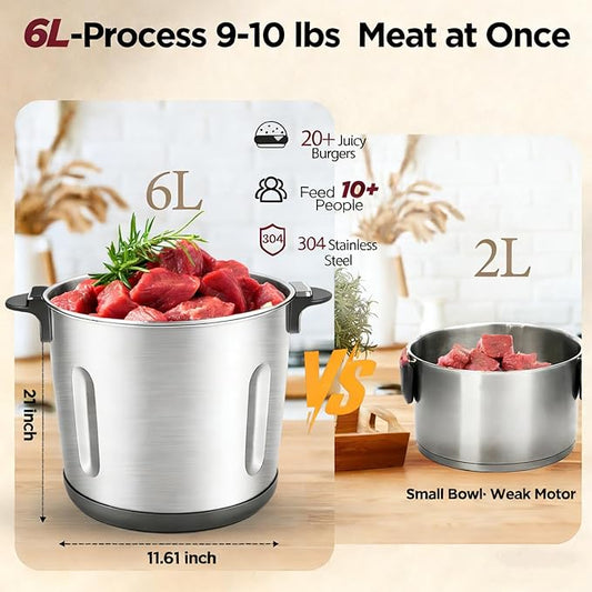 Food Processor Large Capacity,6L Electric Meat Grinder for Home,1200W Heavy Duty Food Grinder Chopper with 2 Speed& 6 Blades,Stainless Steel Bowl,Vegetable Electric Chopper for Onion, Nuts