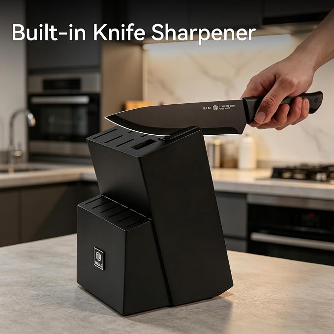 15-Piece Kitchen Knife Block Set with Built-in Sharpener, Upgraded Non-Stick Coating Blades, Ergonomic Handles, Dishwasher Safe, Black