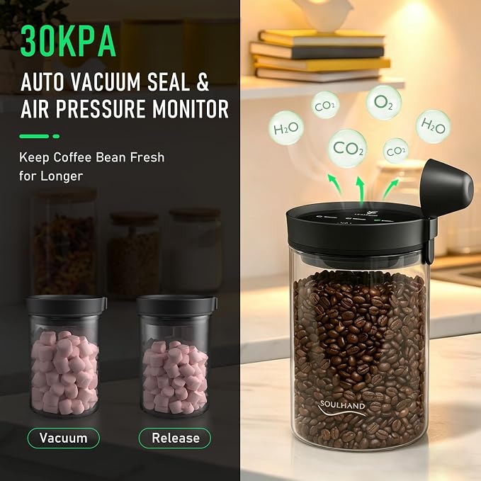 SOUL HAND Coffee Vacuum Canister, 1.6L Electric Auto Vacuum Seal Lid with Touch Screen, Airtight Glass Storage Jar for Coffee Bean Grounds & Food, 17oz