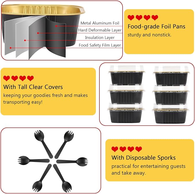 LNYZQUS 5oz Cupcake Mini Cake Pans with Lids 40 Pack, Aluminum Foil Cupcake Cups Brownie Baking Pans,Square Disposable Ramekins Baking Cups,Small Muffin Tin Holders-Black In Gold