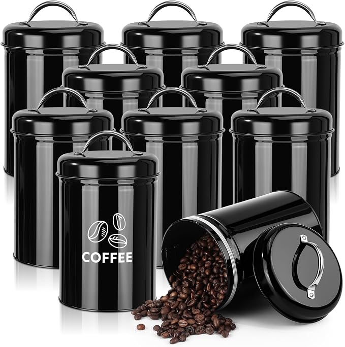 LemonRoad 10 Pack Metal Food Storage Canisters with Handle Lid 48 oz Airtight Black Coffee Container Farmhouse Kitchen Jar for Coffee, Tea, Sugar, Cookie, Flour, Pantry & Countertop Organization