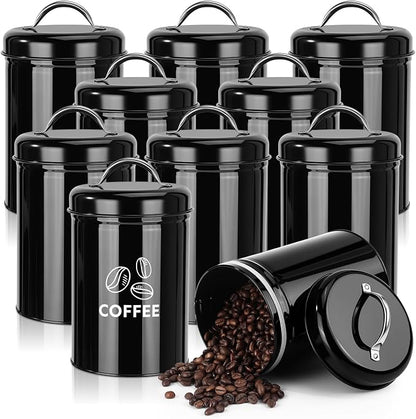 LemonRoad 10 Pack Metal Food Storage Canisters with Handle Lid 48 oz Airtight Black Coffee Container Farmhouse Kitchen Jar for Coffee, Tea, Sugar, Cookie, Flour, Pantry & Countertop Organization