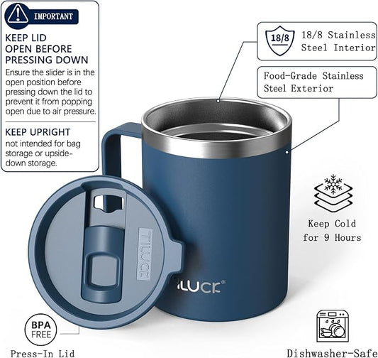 TILUCK 12 oz Insulated Coffee Mug with Lid, Double Wall Vacuum Insulated Travel Mug Cup with Handle for Hot or Cold Drinks（12oz，Matte DarkBlue）