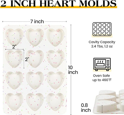 2 Inch Small Heart Shaped Silicone Molds for Chocolate, Candy, Cake, Soap (Set of 2, Cream)