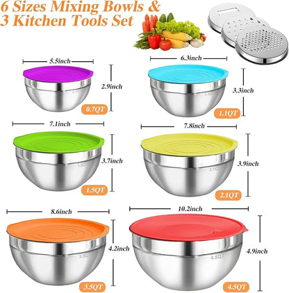 Mixing Bowls with Lids Set, 6 PCS Stainless Steel Mixing Bowls with 3 Grater Attachments, Kitchen Food Organizers Nesting Mixing Bowl, Large Size 4.5, 3.5, 2.1, 1.5, 1.1, 0.7QT-Colorful