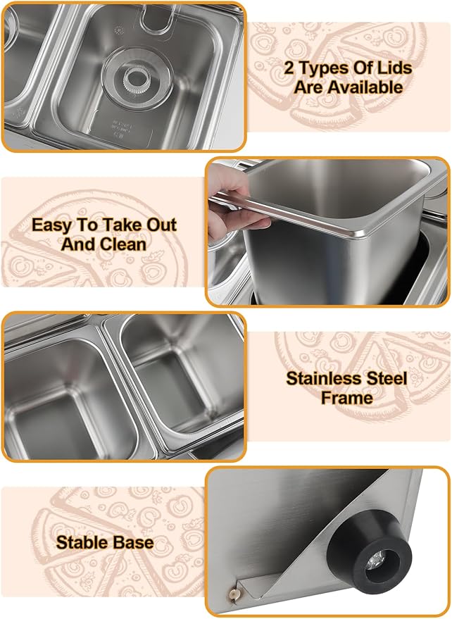 Pizza Topping Station Pizza Storage Container Topping containers with Lids Spoon Condiment Organizers Buffet Containers Set for Restaurant Pizza Sauce Jam Fruit Ingredient (6 Pans)