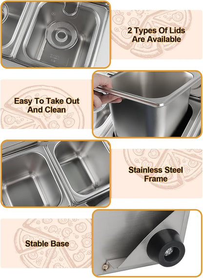 Pizza Topping Station Pizza Storage Container Topping containers with Lids Spoon Condiment Organizers Buffet Containers Set for Restaurant Pizza Sauce Jam Fruit Ingredient (6 Pans)