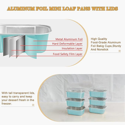 Mini Cake Pans With Lids And Spoons,5.5 oz Rectangle Mini individual Loaf Pans Disposable Aluminum Foil Small Baking Cups Tins (200, Wathet)