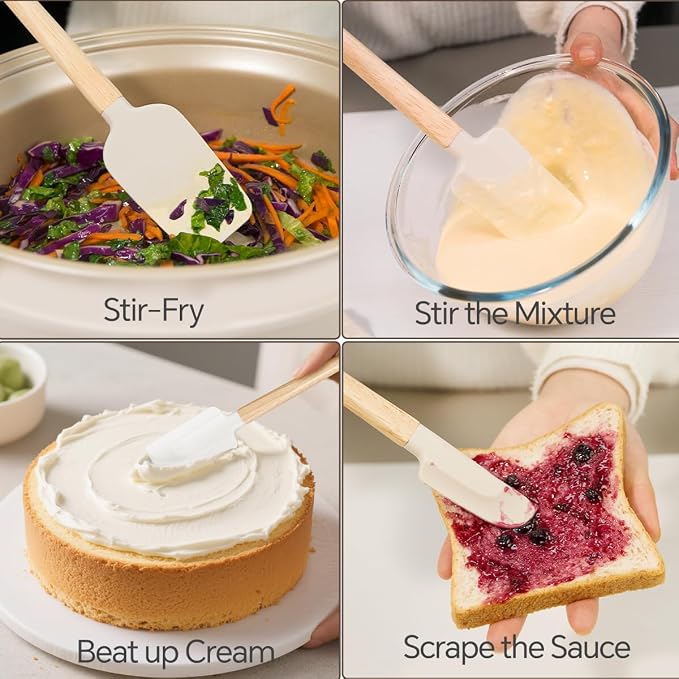 Silicone Spatula Set, 4 Piece Food Grade Rubber Spatula Nonstick Off-White Wooden Spatula, Spoonula, Jar Scraper for Cooking, Baking, Mixing, Frosting - Heat Resistant Up to 600°F（Dishwasher Safe ）