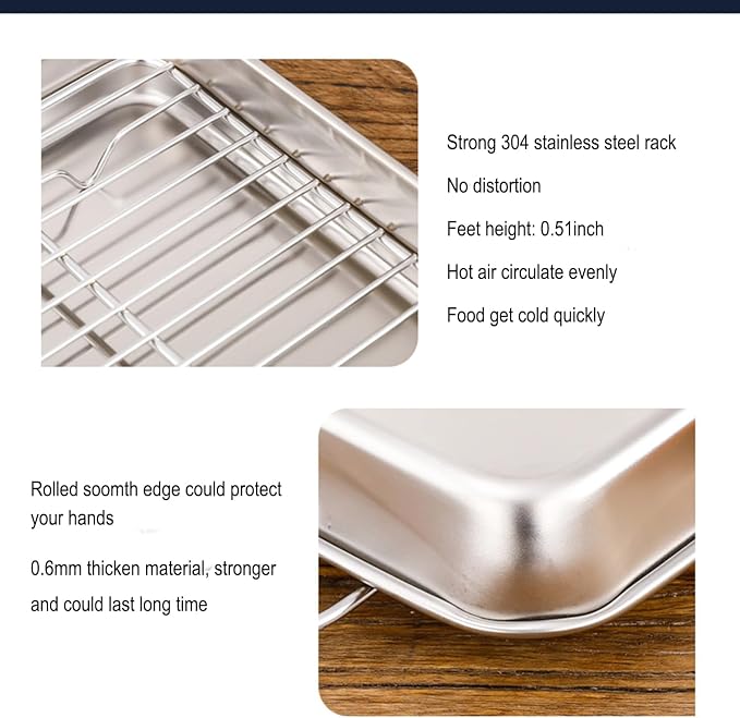 Extra Small Serving Trays with Cooling Wire Racks Set Stainless Steel 304 Tiny Baking Sheet Pans 9.3 x 6.9 Inch Dishwasher Safe for 1~2 Person 2 Pans & 2 Racks