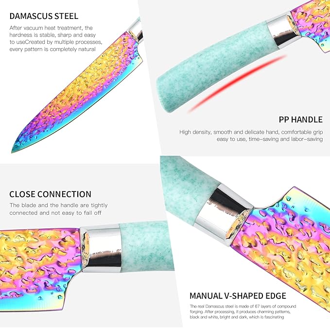 Rainbow Knife Set, Kitchen Knives Set with Acrylic Block, Thick Blade Cutlery Knife Block Set, Chef Sharp Quality for Home & Pro Use, Best Gift (Teal Handle)