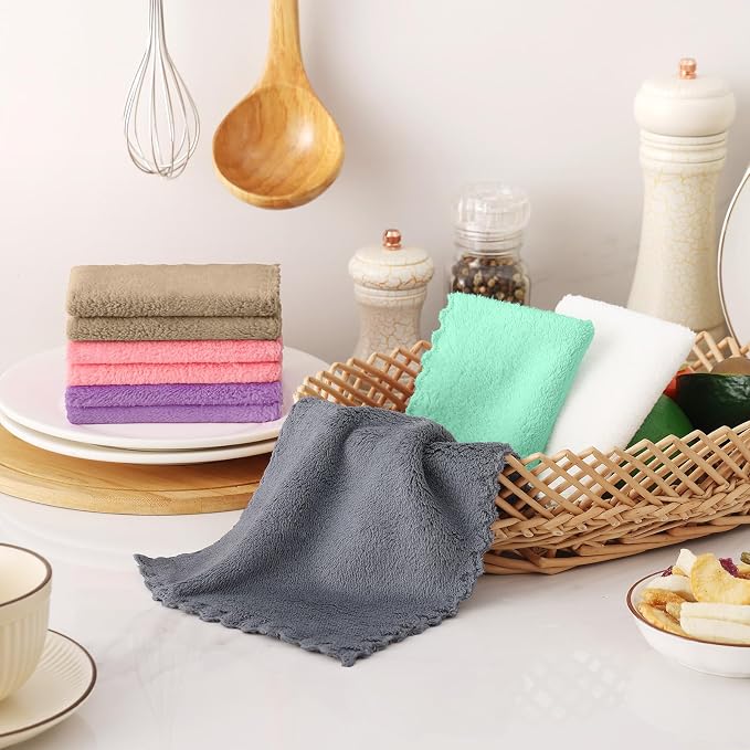 Kitinjoy 24 Pack Kitchen Dish Cloths, Super Soft and Absorbent Dish Cloths, Coral Velvet Microfiber Cleaning Cloth (7" x 9", White/Tan/Grey/Pink/Purple/Green)