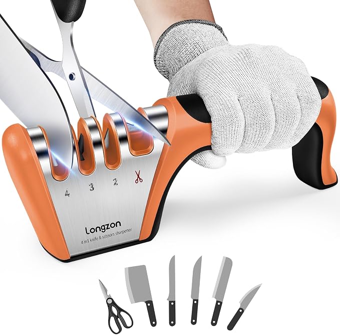 Longzon 5-in-1 Knife Sharpener 4 Stage with Cut-Resistant Glove, Quickly Sharpens & Restores Dull Blades, Easy & Safe for Home Kitchen Use, Fits Most Knives and Scissors, Black+Orange