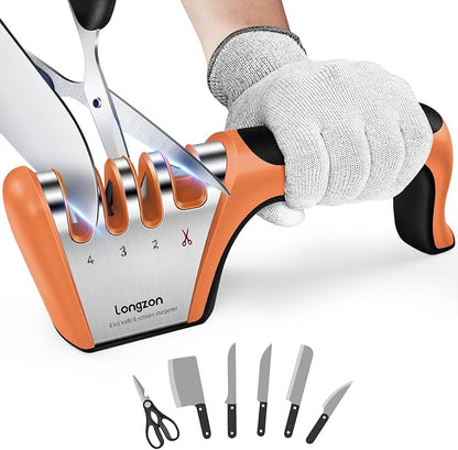 Longzon 5-in-1 Knife Sharpener 4 Stage with Cut-Resistant Glove, Quickly Sharpens & Restores Dull Blades, Easy & Safe for Home Kitchen Use, Fits Most Knives and Scissors, Black+Orange