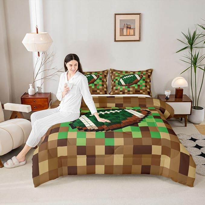 Manfei American Football Kids Comforter Toddler Size,Pixelated Geometric Grid Quilt Set for Kids Boys Girls Bedroom Decor,Gamepad Video Games Bedding Set,Brown Green Duvet Insert,1 Pillowcase