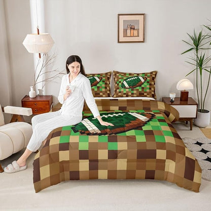 Manfei American Football Kids Comforter Toddler Size,Pixelated Geometric Grid Quilt Set for Kids Boys Girls Bedroom Decor,Gamepad Video Games Bedding Set,Brown Green Duvet Insert,1 Pillowcase