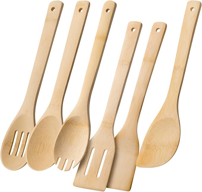 Wooden Spoons for Cooking, 6PCS Wooden Utensil Set Includes Slotted Spoon, Wooden Spoon & Wooden Spatula, Bamboo Cooking Utensils for Non-Stick Pans, Natural Bamboo Utensils