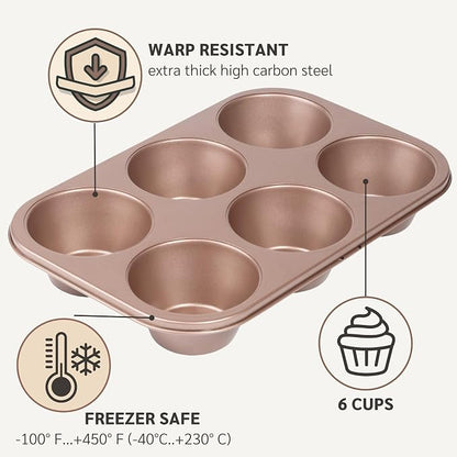 HAPPIELS 6-Cup Jumbo Muffin Pan Nonstick for Oven Baking, PFOA & BPA Free | Non Stick Large Cupcake Tin | Nontoxic Muffins Tins Big Size | Non Toxic Non Stick Baking Trays | Cupcakes Tray