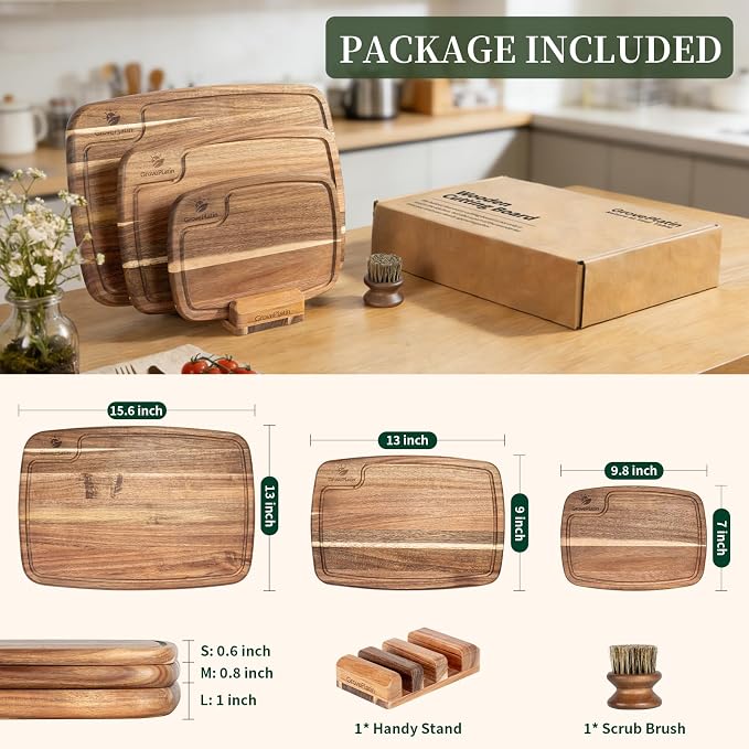 Acacia Wood Cutting Boards for Kitchen (Set of 3), Heavy Duty Chopping Board with Deep Juice Groove, Reversible Designed, Storage Stand & Oiling Brush