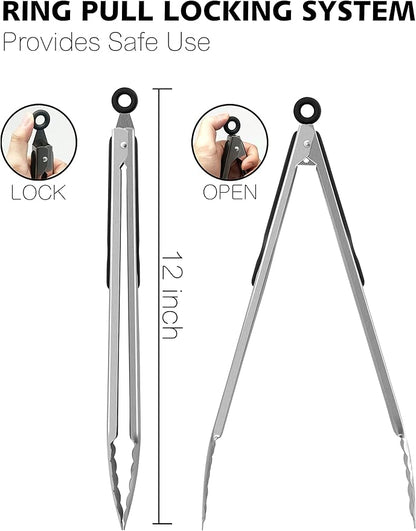 Anaeat Premium Stainless Steel Kitchen Tong, 12" Sturdy Coiled Spring Locking Food Tong with Non-Slip Silicone Grip for Cooking, Baking, Grilling, BBQ - Heat Resistant up to 480°F (Black)