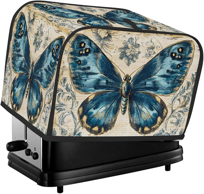 2 Slice Blue Butterfly Vintage Toaster Cover Waterproof Dust Fingerprint Bread Machine Cover Washable Kitchen Appliance Protector For Home Kitchen Bakeware Table Decor Women Gifts