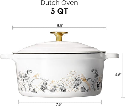 CAROTE Cast Iron Dutch Oven Pot with Lid, 5QT Enameled Floral Dutch Ovens with Gift Box, Cast Iron Pot for Sourdough Bread Baking, Braising, Stews, Roasting, All Stovetop Compatible, Oven Safe, White