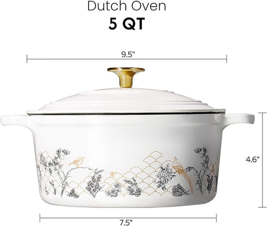 CAROTE Cast Iron Dutch Oven Pot with Lid, 5QT Enameled Floral Dutch Ovens with Gift Box, Cast Iron Pot for Sourdough Bread Baking, Braising, Stews, Roasting, All Stovetop Compatible, Oven Safe, White