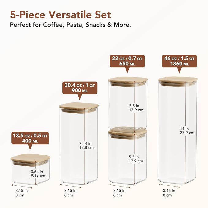 GENICOOK Square Glass Pasta Storage Containers, Set of 5, Pantry Organization & Storage Jars with Bamboo Lids, Stackable Borosilicate Kitchen Canisters for spaghetti, Sugar, Coffee, and Cereal
