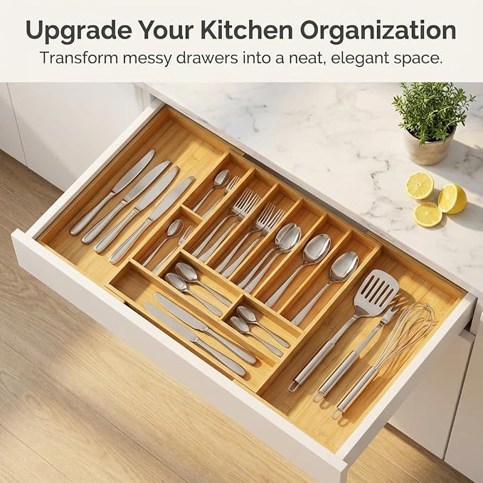 33" Expandable Bamboo Utensil Drawer Organizer | Solid Bamboo, Expands to 33" Wide, 11 Custom Compartments, Sorts Flatware & Utensils, Fits Kitchen or Office Drawers