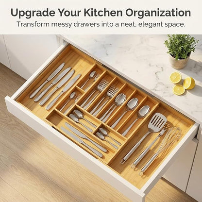 33" Expandable Bamboo Utensil Drawer Organizer | Solid Bamboo, Expands to 33" Wide, 11 Custom Compartments, Sorts Flatware & Utensils, Fits Kitchen or Office Drawers