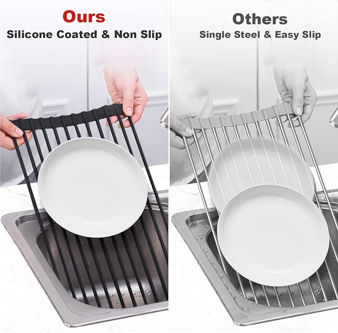 MERRYBOX Roll Up Dish Drying Rack, Silicone Wrapped Over The Sink Dish Rack Foldable Dish Drainer Anti-Slip Dish Racks for Kitchen Counter, Multipurpose Kitchen Sink Drying Rack, 18" x 13", Black