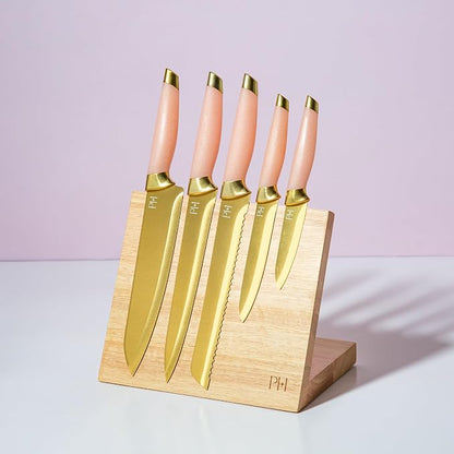 Paris Hilton Knife Block Set with Magnetic Wooden Knife Block, High Carbon Stainless Steel Blades with Titanium Coating, Sleek Comfortable Grip Handles, 6-Piece Set, Pink and Gold