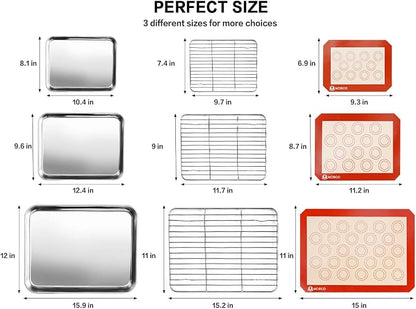 9 Pcs Stainless Steel Baking Sheet Tray Cooling Rack with Silicone Baking Mat Set, and 6 Pcs Glass Measuring Cups with Lids Set, for baking, Kitchen