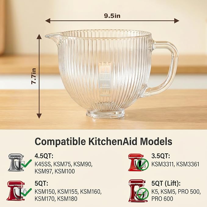 Glass Mixing Bowl for KitchenAid Tilt-Head Stand Mixers, 5Qt Replacement Bowl with Measurement Markings & Pour Spout for 4.5-5 Quart KitchenAid Mixers, Perfect for Mixing Dough, Egg by InnoMoon