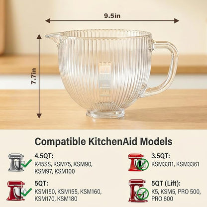 Glass Mixing Bowl for KitchenAid Tilt-Head Stand Mixers, 5Qt Replacement Bowl with Measurement Markings & Pour Spout for 4.5-5 Quart KitchenAid Mixers, Perfect for Mixing Dough, Egg by InnoMoon