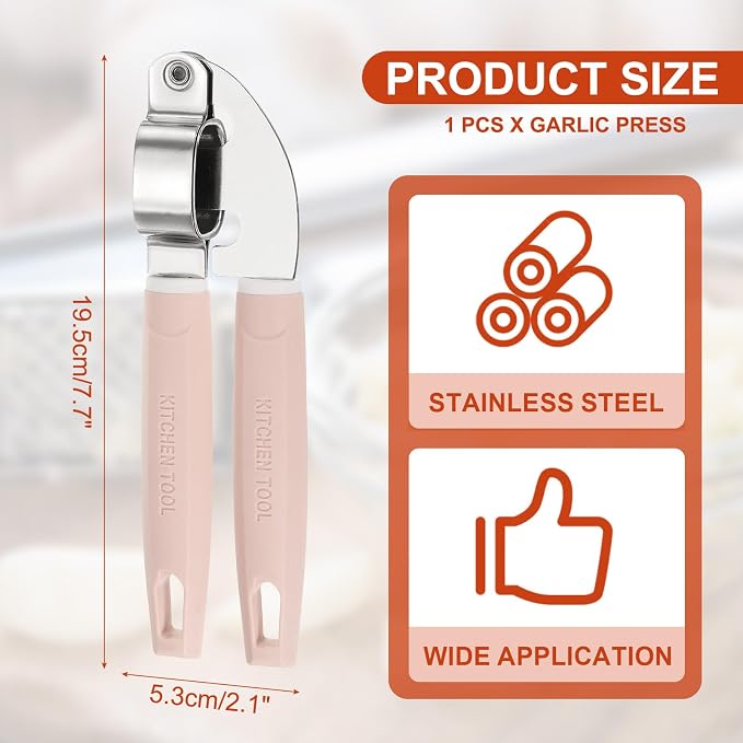 uxcell Garlic Press, 7.7 Inch Stainless Steel Garlic Crusher and Peeler for Home Cooks and Professional Chefs, Pink