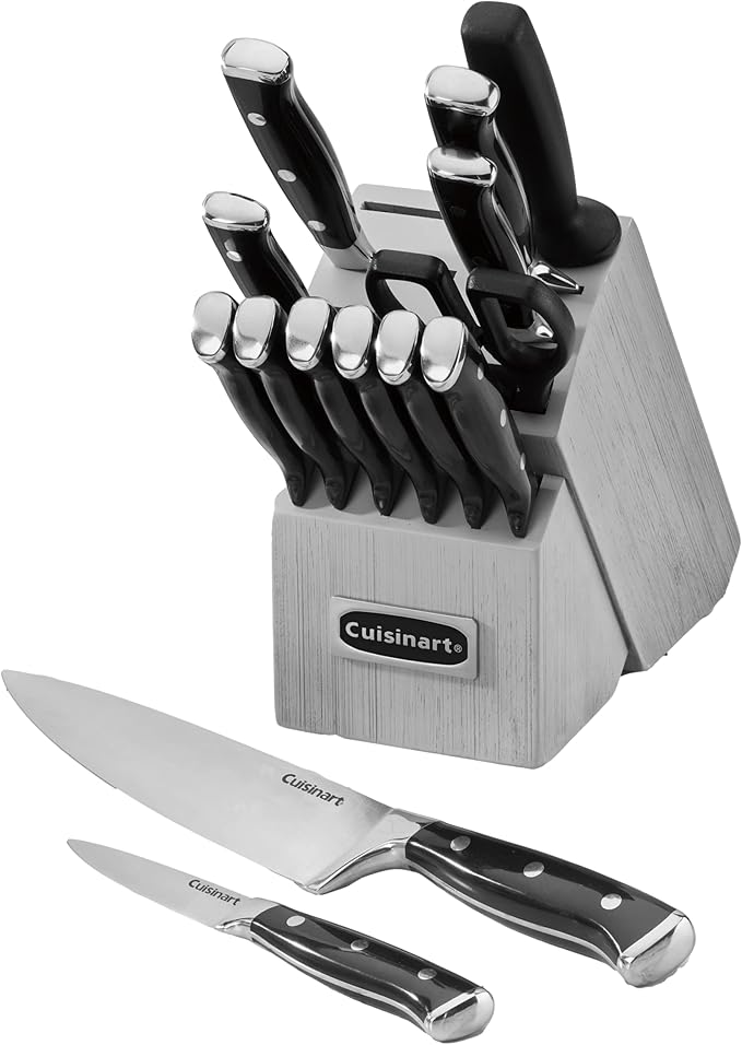 Cuisinart Classic Forged Triple Rivet, 15-Piece Knife Set with Block, Superior High-Carbon Stainless Steel Blades for Precision and Accuracy (Black/Gray)
