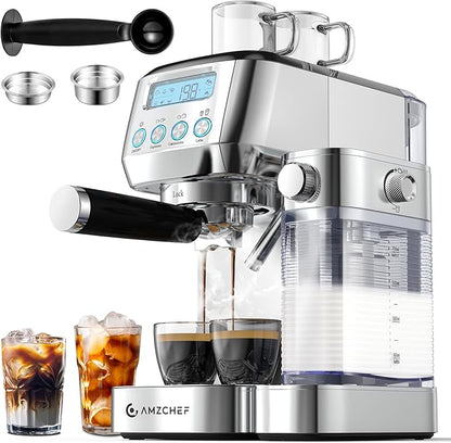 AMZCHEF Espresso Machine with Upgraded Automatic Milk Frother, 20 Bar Cappuccino Machines with LCD Display for Home Gifts, Latte Coffee Maker with Dual Wall & Filters, Sliver