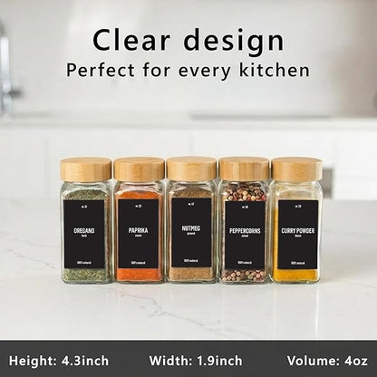 Deco haus Glass Spice Jars with Bamboo lids 36set [LABELS incl] Spice Containers with Labels, Funnel & Chalk Marker - Empty Herb Seasoning Containers, Small Seasoning Bottles for Herb with Wooden Lid