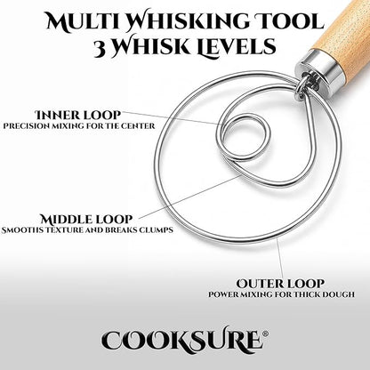 304 Stainless Steel Danish Dough Whisk for Sourdough 13 Inch – Super Sturdy Bread Whisk with Smooth Wooden Handle