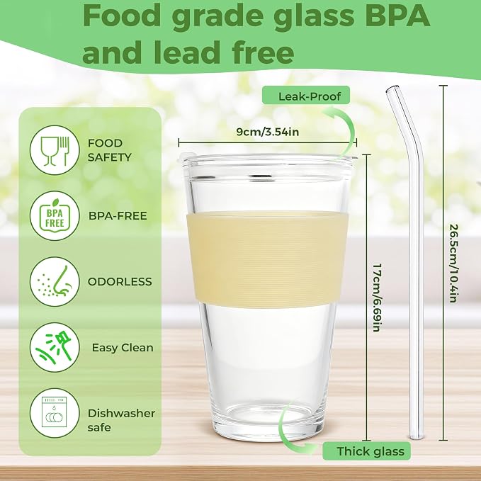 Birity 16oz Glass Cup with Lid and Glass Straw,Set of 2 Thickened Glass Coffee Tumblers with Silicone Sleeve,Reusable Iced Coffee Cups for Smoothie、Soda Water、Juice、MilkSshake、Travel Cup