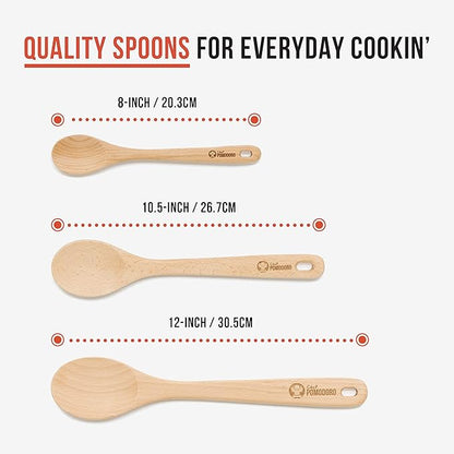 Chef Pomodoro Wooden Spoons for Cooking 3-Piece Set, Solid Beechwood Cooking Utensils | 12-Inch, 10.5-Inch, 8-Inch Wooden Utensils Set, Beechwood Kitchen Utensils, Soup Spoons for Nonstick Cookwares