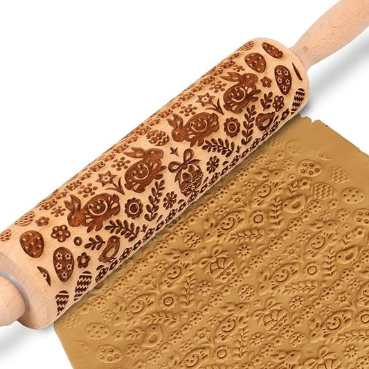 Easter Embossed Rolling Pins for Cookies, Wooden Engraved Rolling Pins for Baking, Floral Bunny Embossing Rolling Pin with Designs Patterned Decorative Springerle Cookie Mold Stamp Clay Pattern Roller