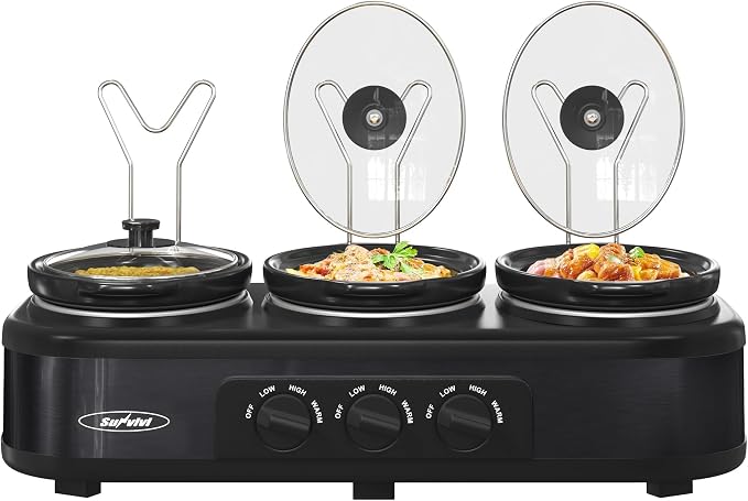 3 * 1.5 Quarts Triple Slow Cooker, Buffet Server & Warmer with 3 Removable Ceramic Pots, 3 Adjustable Temp Settings & 3 Metal Lid Rests, Stainless Steel, Black