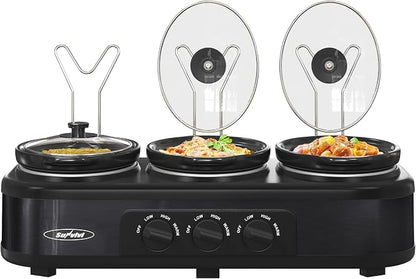 3 * 1.5 Quarts Triple Slow Cooker, Buffet Server & Warmer with 3 Removable Ceramic Pots, 3 Adjustable Temp Settings & 3 Metal Lid Rests, Stainless Steel, Black