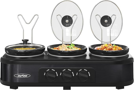 3 * 1.5 Quarts Triple Slow Cooker, Buffet Server & Warmer with 3 Removable Ceramic Pots, 3 Adjustable Temp Settings & 3 Metal Lid Rests, Stainless Steel, Black