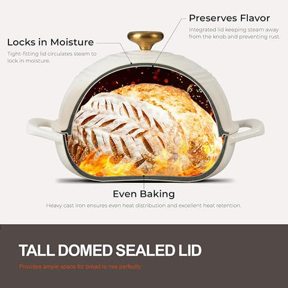 Overmont Enameled Cast Iron Bread Oven - 6QT Bread Dutch Oven for Sourdough Baking - Bread Pot with Dome Lid Cotton Potholders & Cookbook - Multi-Functional Bread Pan For Baking Frying Roasting
