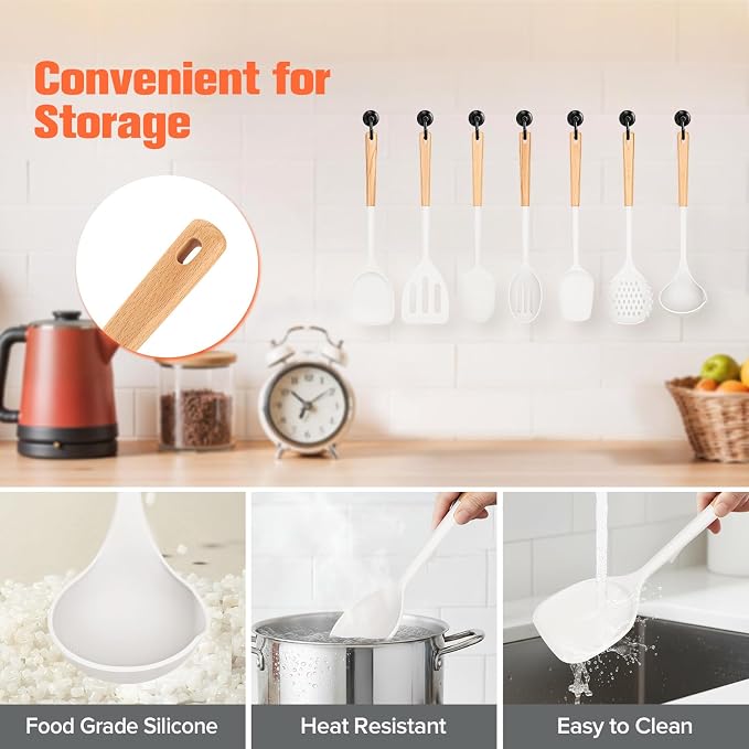Silicone Cooking Utensils Set of 10 with Wooden Handle,No Scratch for Nonstick Cookware,Slotted Spoon&Spatula,Solid Spoon&Spatula,Large Measuring Ladle,Brush,Rice Paddle,Baking Turner&Flipper (White)