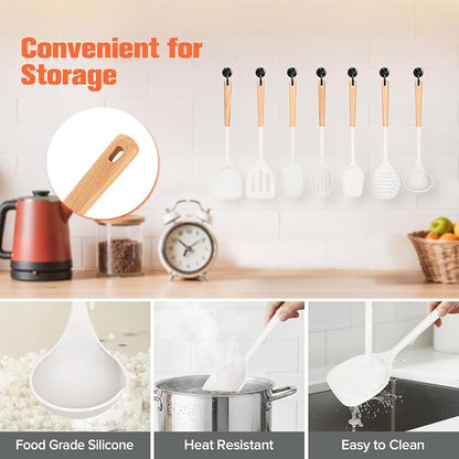 Silicone Cooking Utensils Set of 10 with Wooden Handle,No Scratch for Nonstick Cookware,Slotted Spoon&Spatula,Solid Spoon&Spatula,Large Measuring Ladle,Brush,Rice Paddle,Baking Turner&Flipper (White)